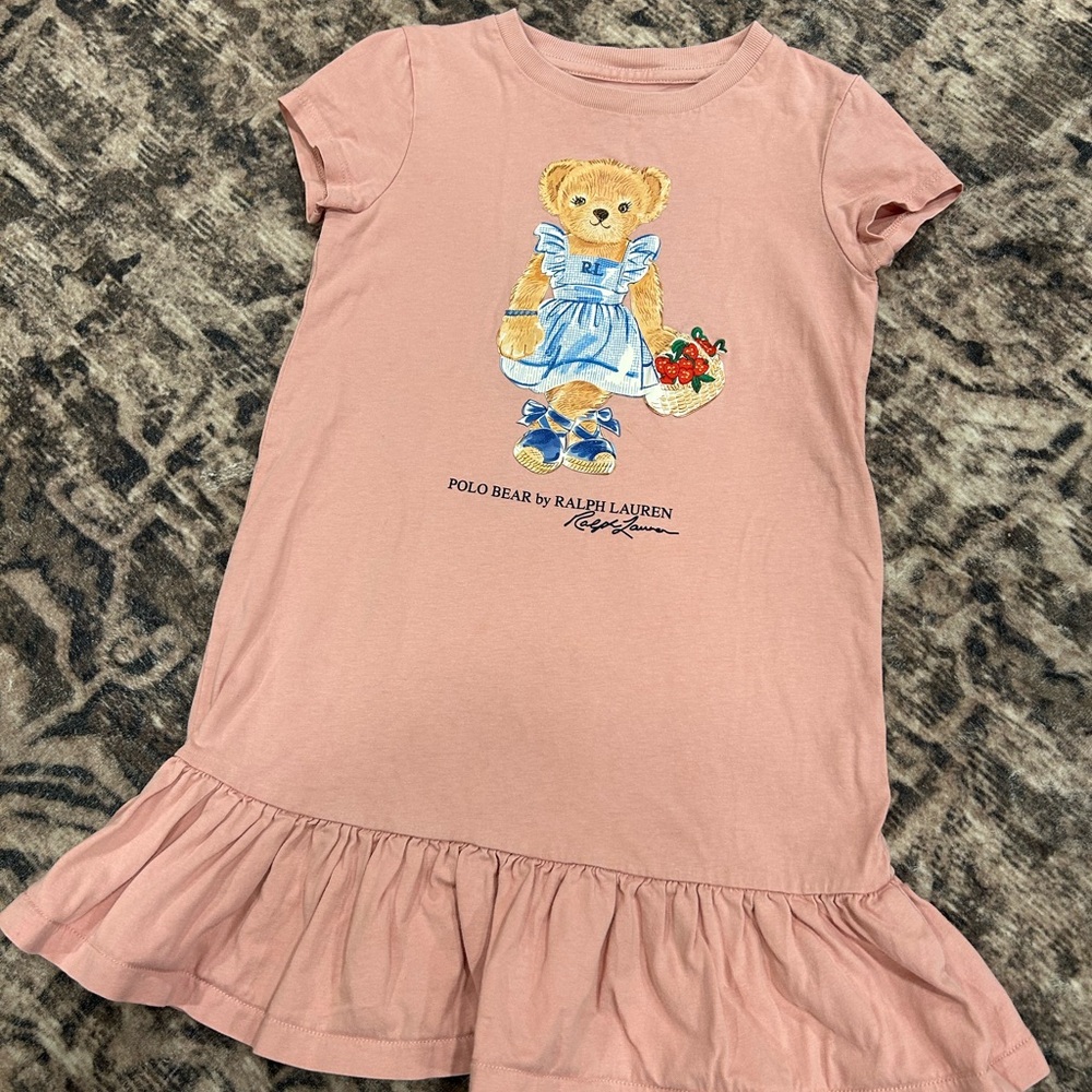 Polo by Ralph Lauren Kids Pink Ruffle Dress with Bear Embroidered Strawberries